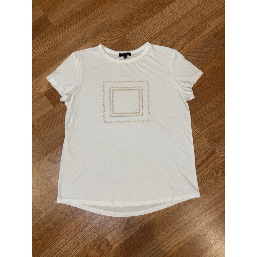 Massimo Dutti Soft White With Gold Chain T-shirt Designer Luxury Women's Sz MED